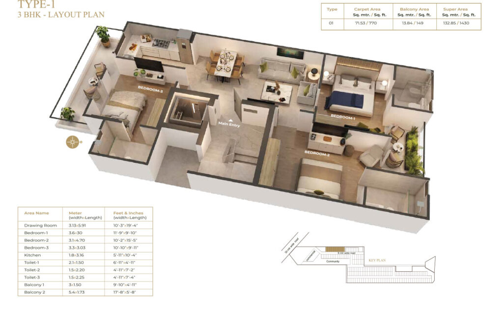 Suncity Floor Plan 3 BHK